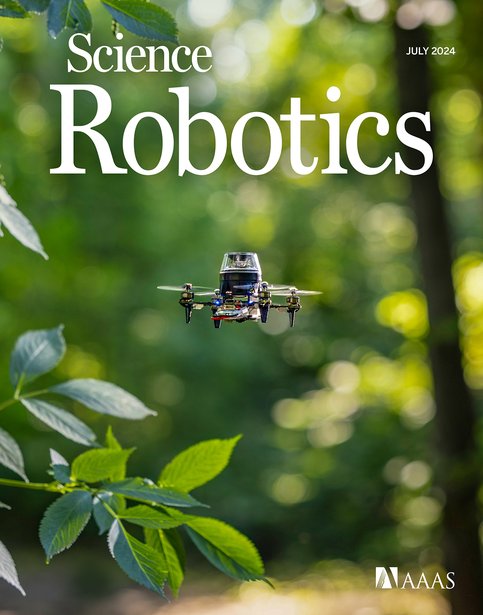 Cover of Science Robotics, July 2024, showing a tiny drone flying in a forest